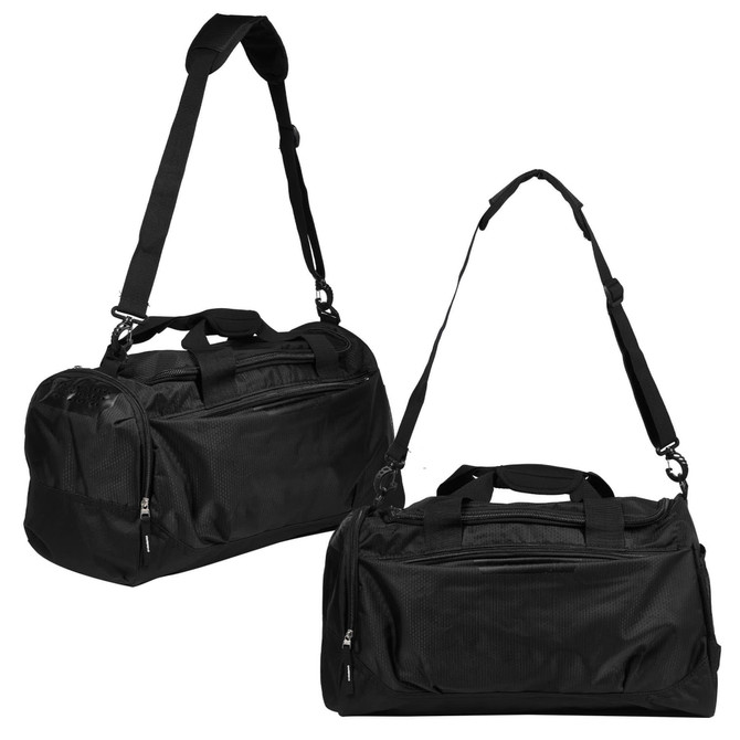 A black duffle bag with adjustable shoulder strap and handles, featuring a logo and multiple compartments.