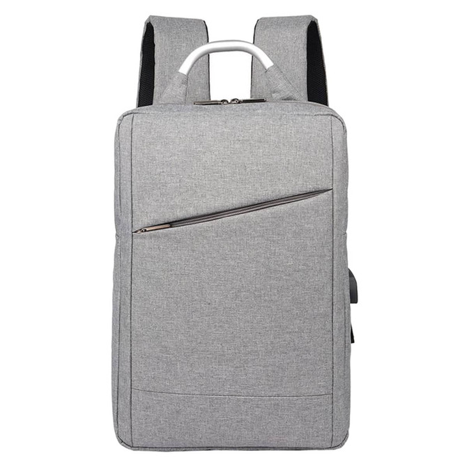 A grey laptop backpack featuring a zippered front pocket and adjustable straps, with a logo present.