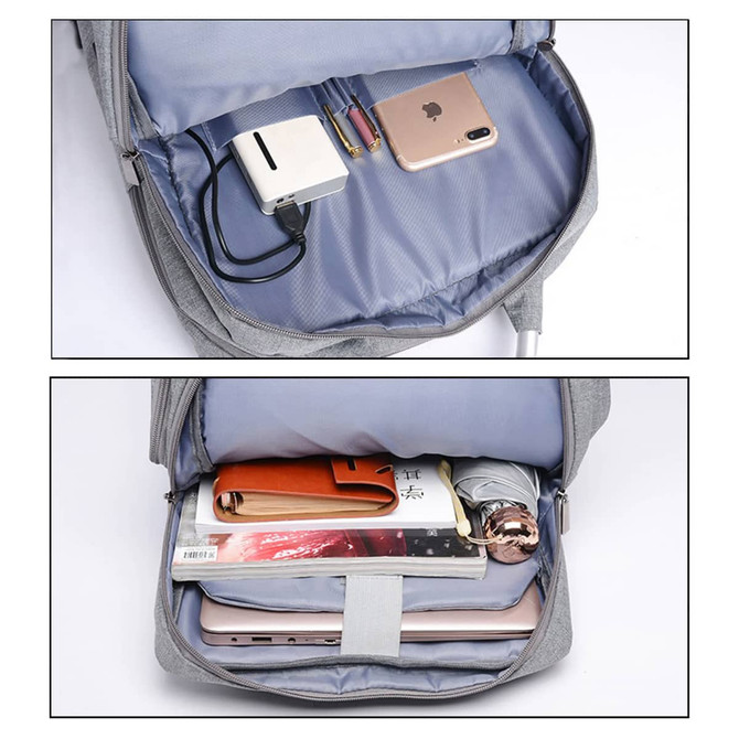 A grey laptop backpack interior displaying a laptop, phone, charger, and stationery items.
