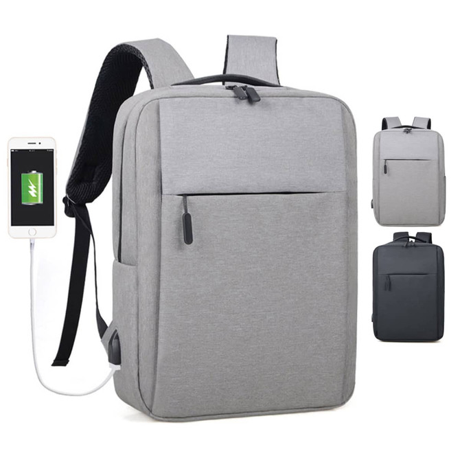 A grey Wirra Backpack with multiple compartments, featuring a USB charging port and a sleek design.