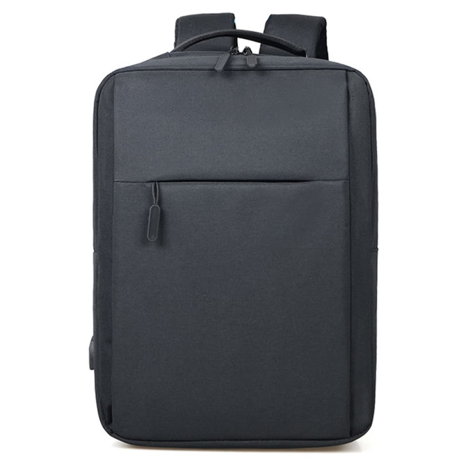 A sleek black backpack with a front pocket and dual shoulder straps. It features a minimalistic design and logo.