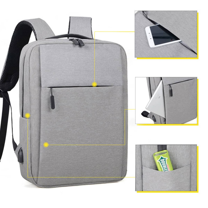 A grey backpack featuring multiple compartments and a logo. Includes pockets for a phone and a drink bottle.