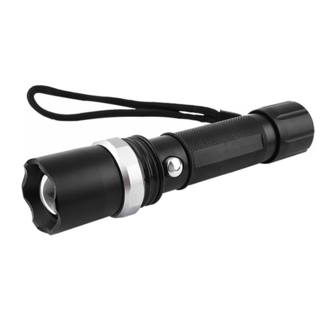 A black torch featuring a textured grip, a silver bezel, and a wrist strap. It has a compact design for easy handling.