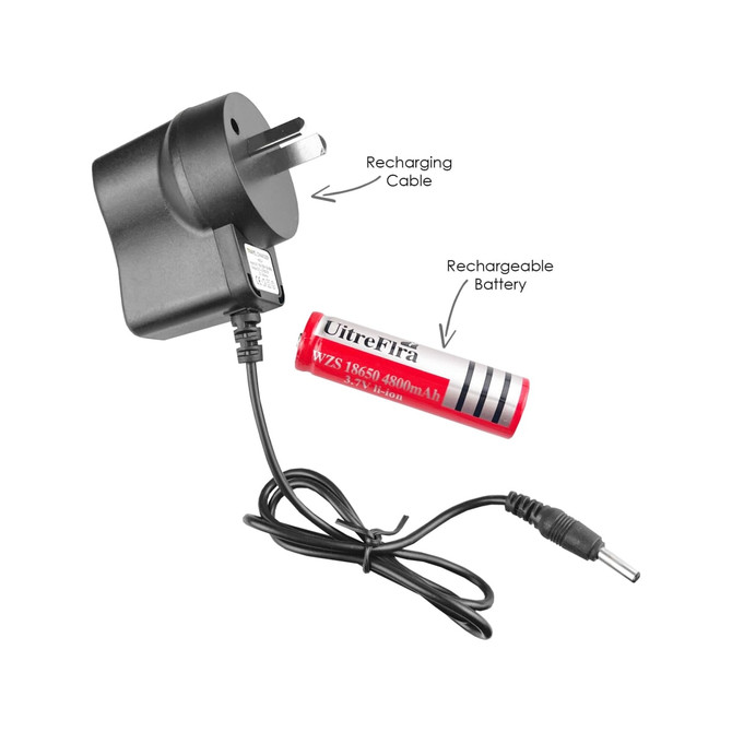 A charging adapter with a recharging cable and a red rechargeable battery, labelled with brand details.