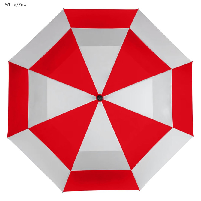 A red and white golf umbrella featuring an octagonal design and a central black mechanism. It has a logo on the handle.