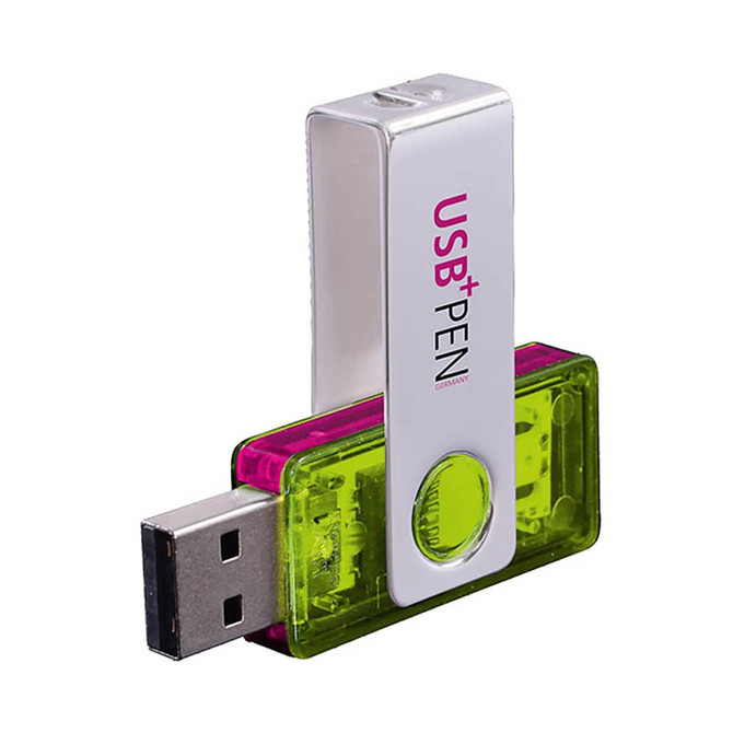 A bright green and pink USB flash drive with a metal clip, featuring a logo on one side.