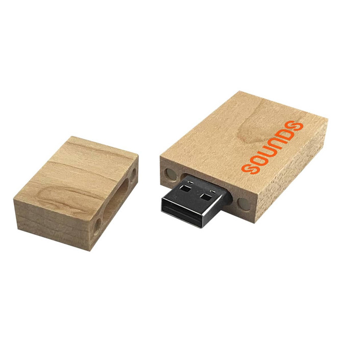 A bamboo USB flash drive with a wooden casing, featuring an exposed USB connector and a removable lid.