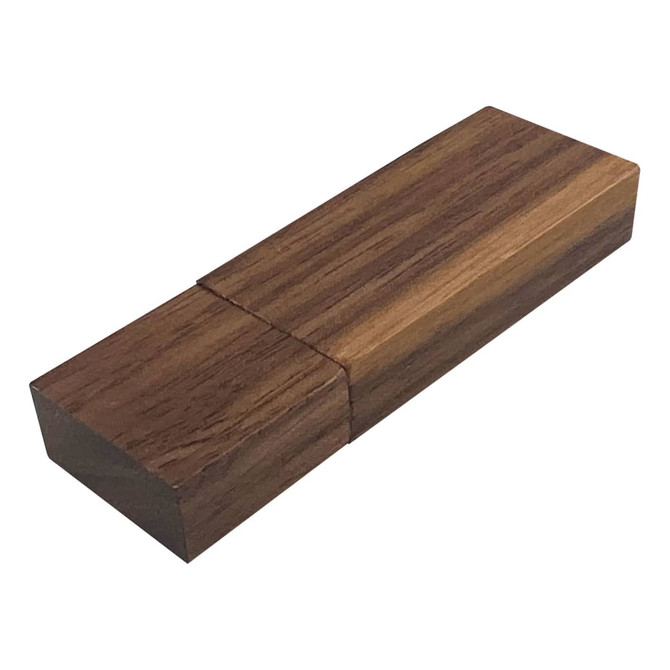 A wooden USB flash drive with a sleek, rectangular design in brown tones. It features a simple branding logo.