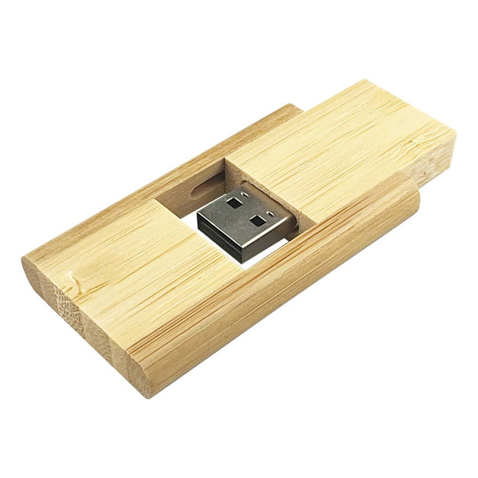 A Bamboo USB flash drive with a 32GB capacity, featuring a wooden casing and a silver USB connector.
