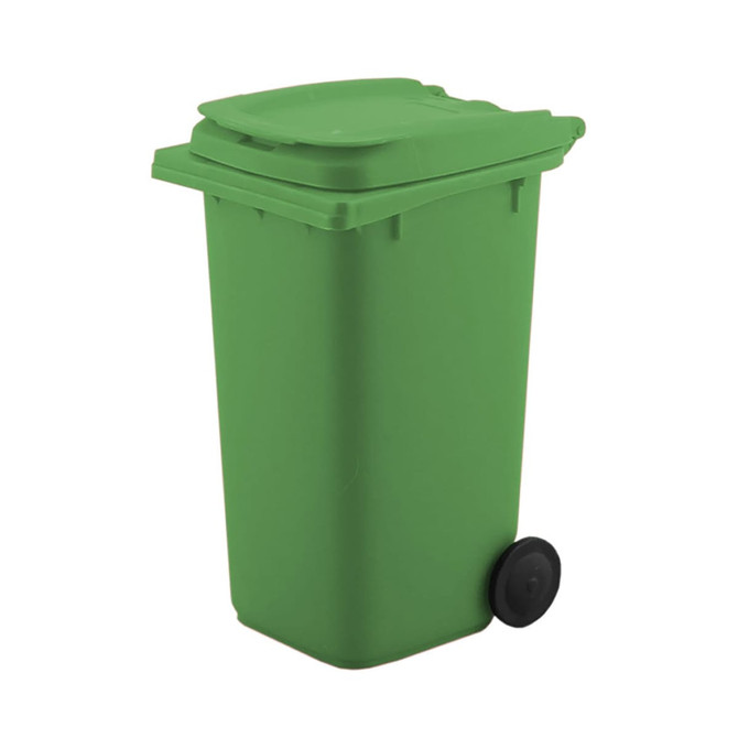 A green wheelie bin pen holder with a lid and a black wheel, designed for office use.