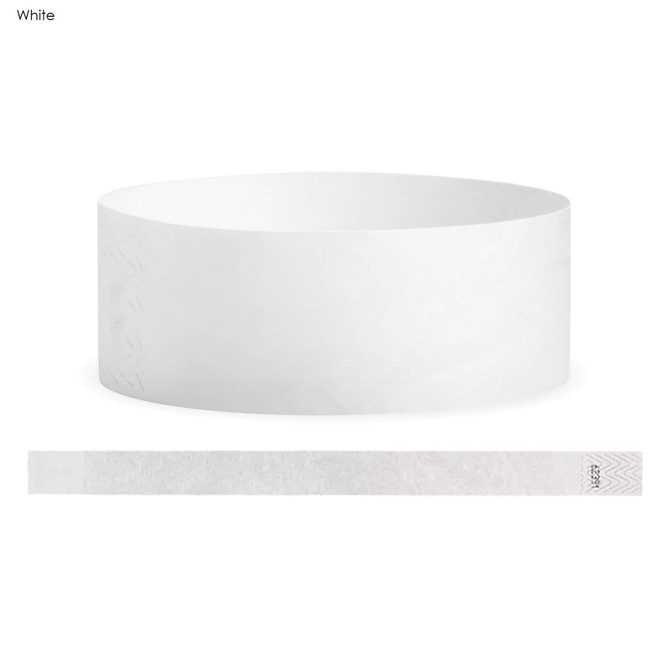 A white Tyvek adult wristband, 25mm wide, with a textured surface and branding. Suitable for events and exhibitions.
