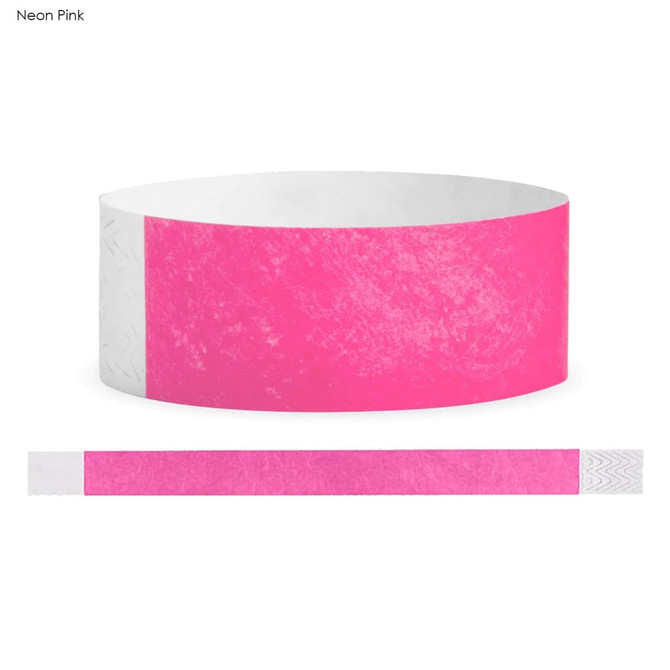 A neon pink Tyvek adult wristband, featuring a brand logo and a textured white section.