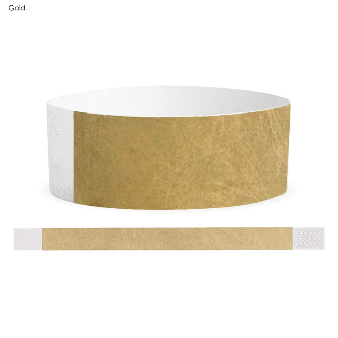 A gold Tyvek adult wristband with smooth surfaces and a white section, featuring a logo on the end.