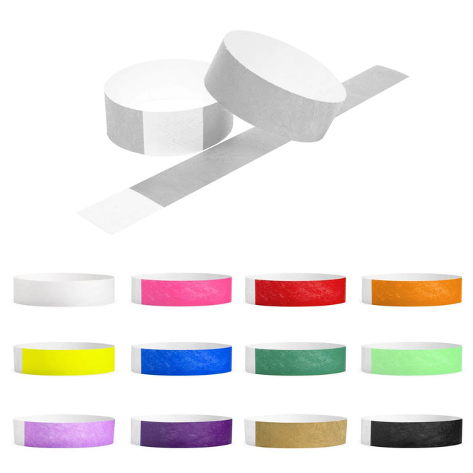 Tyvek kids wristbands in various colours including white, pink, yellow, blue, green, and red, displayed in a stacked layout.