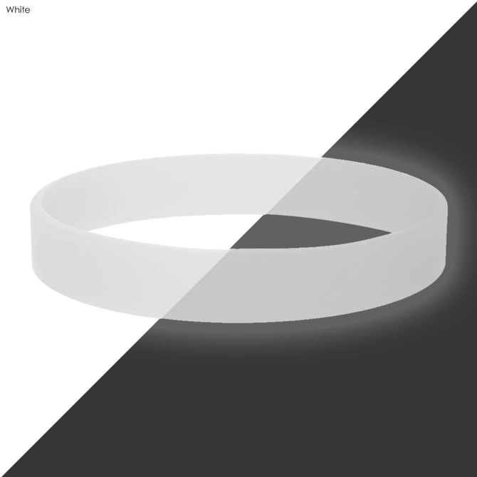 A white silicone wristband on a contrasting background, featuring a simple design and a logo.