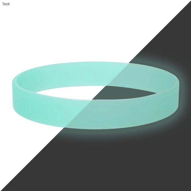 A teal silicone wristband with a smooth surface and a subtle glow effect. It features a logo.