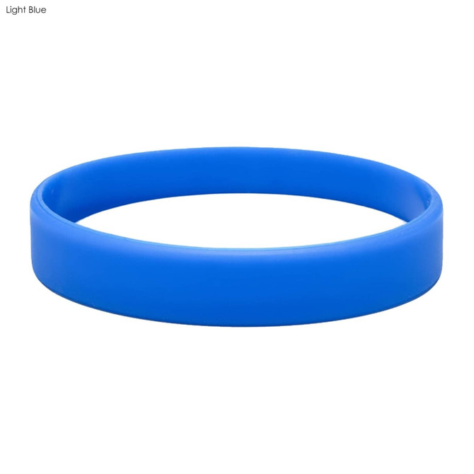 A light blue silicone wristband with a smooth finish and an understated design. It has a logo on it.