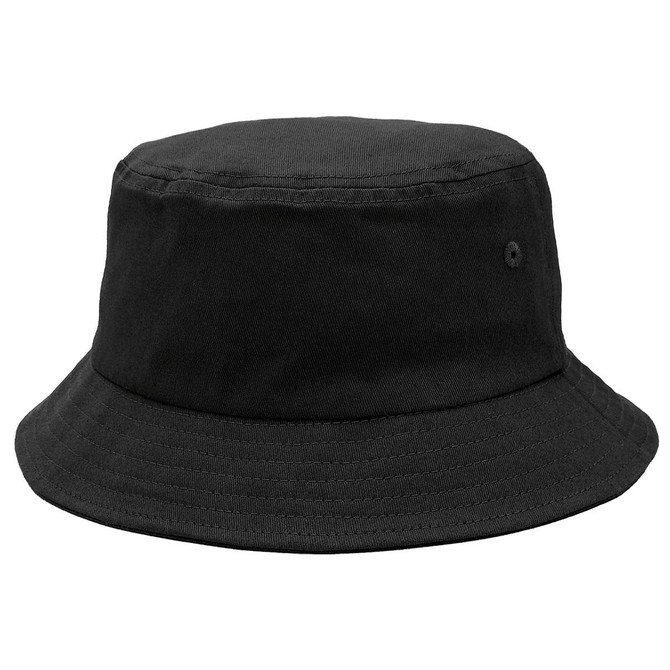 A black bucket hat featuring a simple design and a side logo. Ideal for casual wear or outdoor activities.