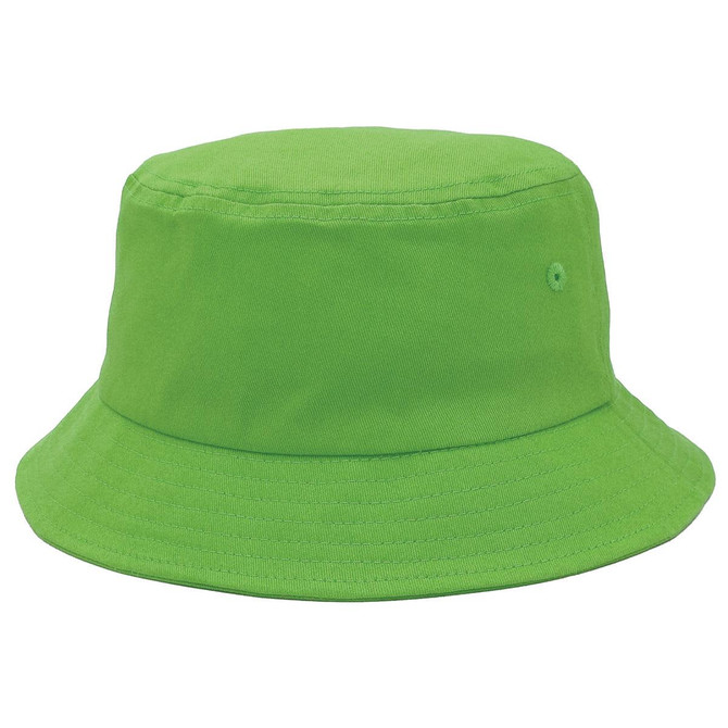 A green bucket hat with a wide brim and a simple design. It features a logo on the side.