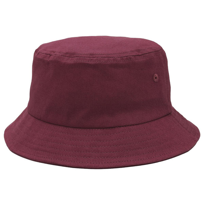 A maroon bucket hat with a wide brim and a small logo. The fabric appears smooth and durable.