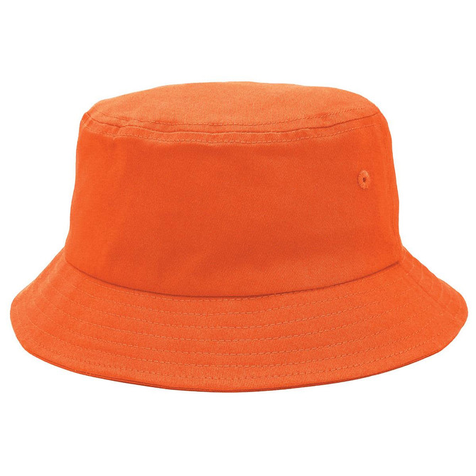 An orange bucket hat made of fabric with a wide brim. It features a small logo.