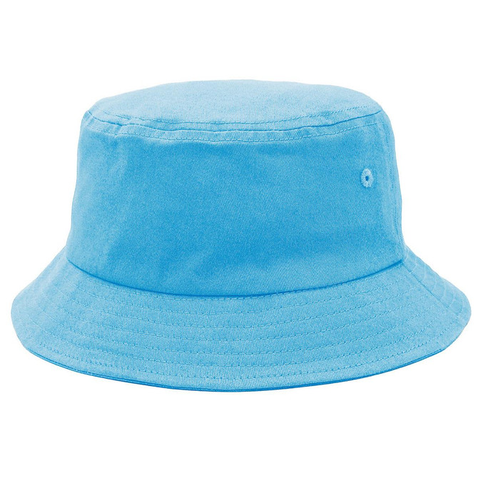 A light blue bucket hat with a wide brim, featuring a small logo on the side.
