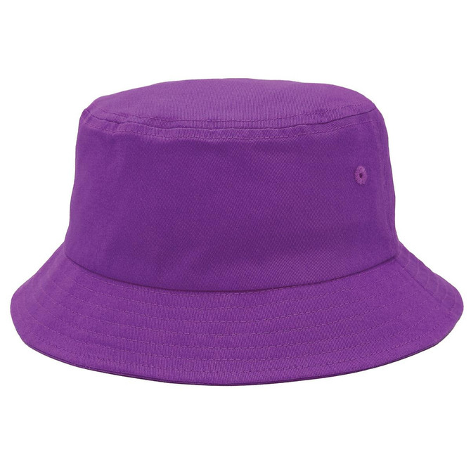 A bucket hat in vibrant purple featuring a simple design and a small logo.