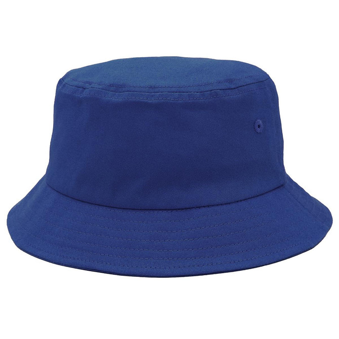 A blue bucket hat with a wide brim, featuring a small hole and a simple design.