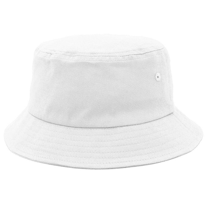 A white bucket hat with a wide brim, featuring a small branding logo on the side.