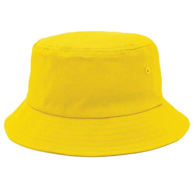 A yellow bucket hat featuring a branded logo, designed for casual headwear.