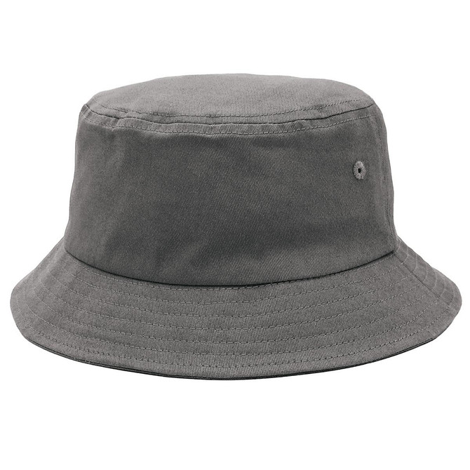 A grey bucket hat with a wide brim and a small branding logo. Ideal for casual wear.