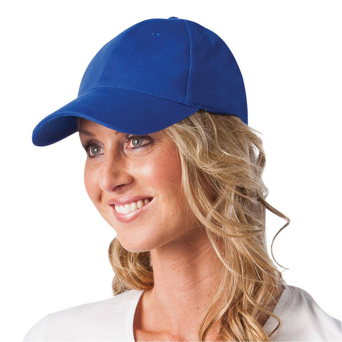 A blue heavy brushed cotton cap featuring a curved brim and a logo on the front.