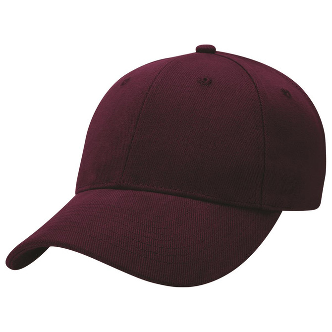 A burgundy brushed cotton cap with a curved peak and a logo on the front.