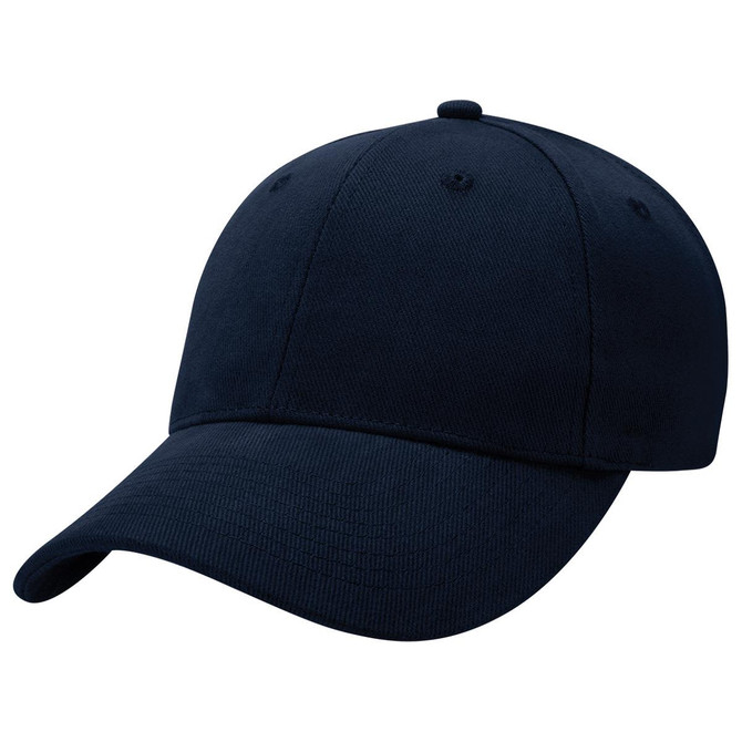 A navy blue heavy brushed cotton cap featuring a rounded crown and a curved brim, with a logo on the front.