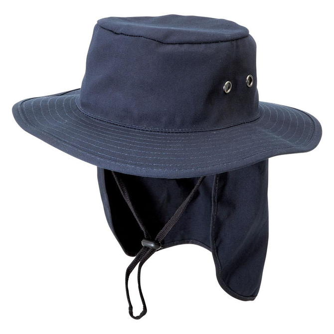 A navy blue hat with a wide brim and neck flap, featuring eyelets and an adjustable chin strap.
