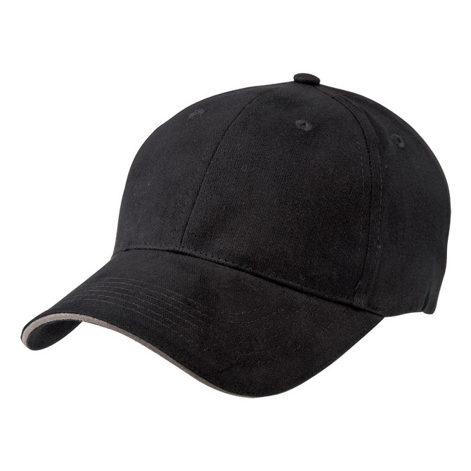 A black cap with a rounded peak and a subtle under-brim detail. It has a branding logo on it.