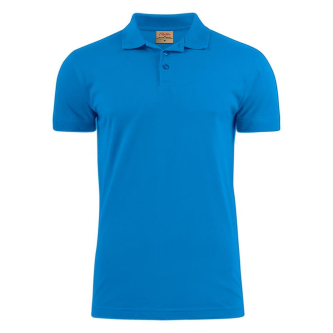 A bright blue men's cotton polo shirt featuring a collar and a logo on the chest.