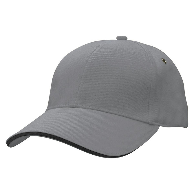 A grey cap with a curved brim and a logo, featuring a smooth fabric design.