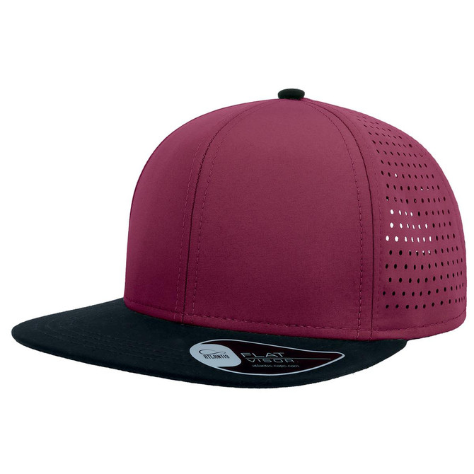 A cap featuring a maroon upper with black brim and mesh detailing on the sides, also includes a logo.