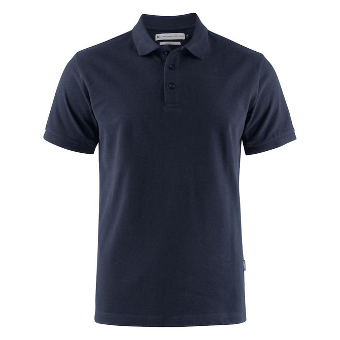 A navy blue men's cotton polo shirt with a collar and three-button placket. It features a logo on the side.
