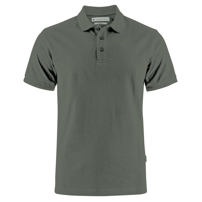 A grey men's cotton polo shirt with short sleeves, featuring a collar and buttons, and a logo on the side.