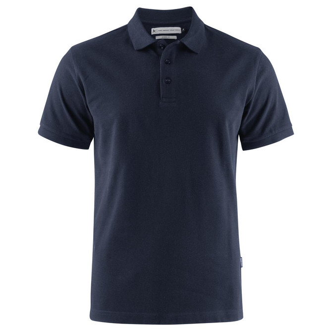 A navy blue men's cotton polo shirt with a classic collar and three-button placket, featuring a small logo.