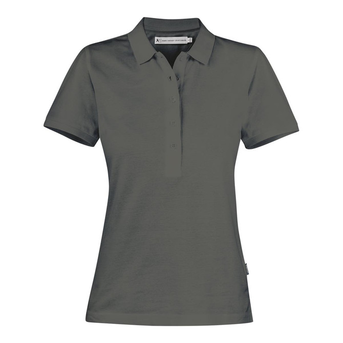 A women's cotton polo shirt in a dark green colour featuring a classic collar and a logo on the side.