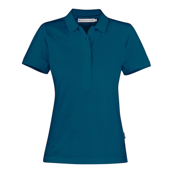 A teal women's cotton polo shirt with a classic collar and a logo on the side.