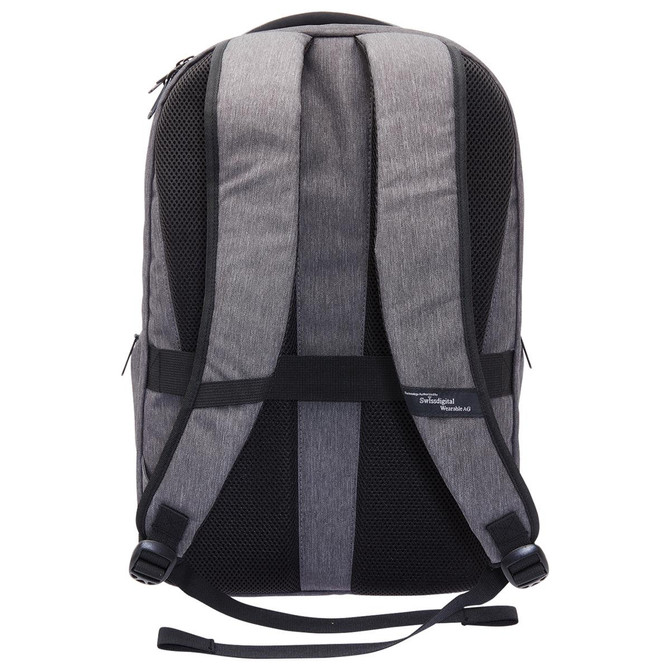 A grey Swissdigital Commander Backpack featuring padded, breathable straps and a sleek design.