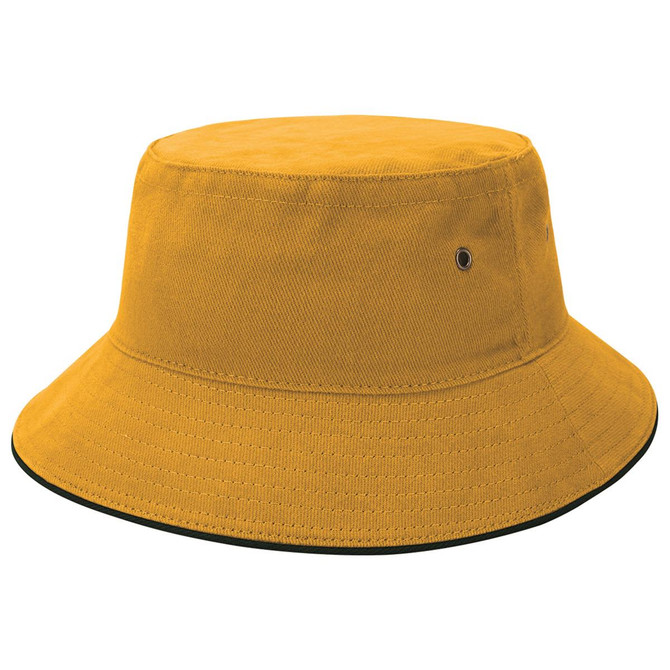 A mustard yellow bucket hat with a wide brim and a black underside, featuring a logo.