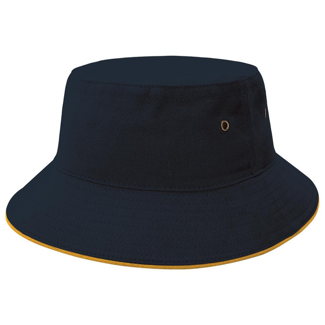 A bucket hat featuring a navy blue exterior with a contrasting yellow trim, complete with a logo.