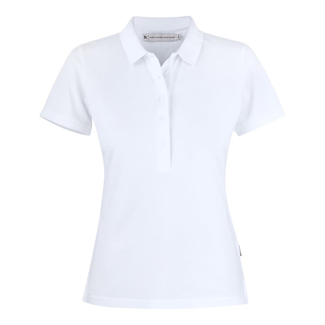 A white women's polo shirt with a collar and a button closure, featuring a logo on the side.