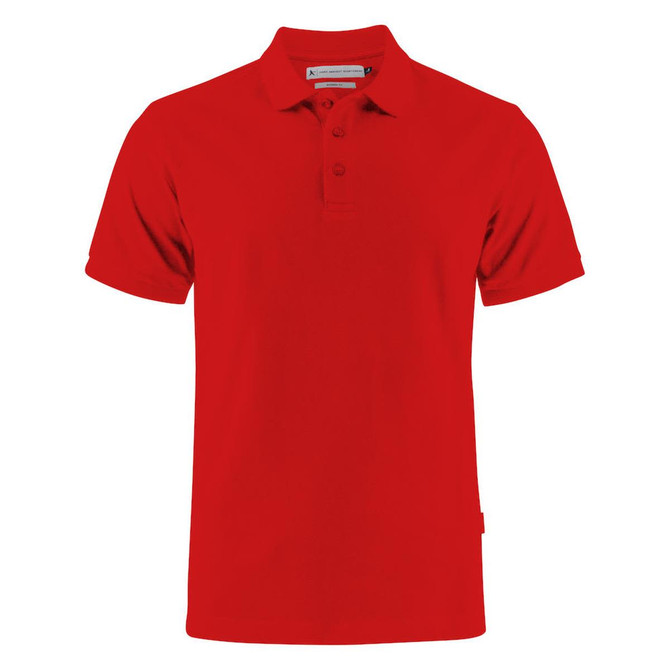 A red cotton polo shirt with a classic collar and three buttons, featuring a logo on the chest.