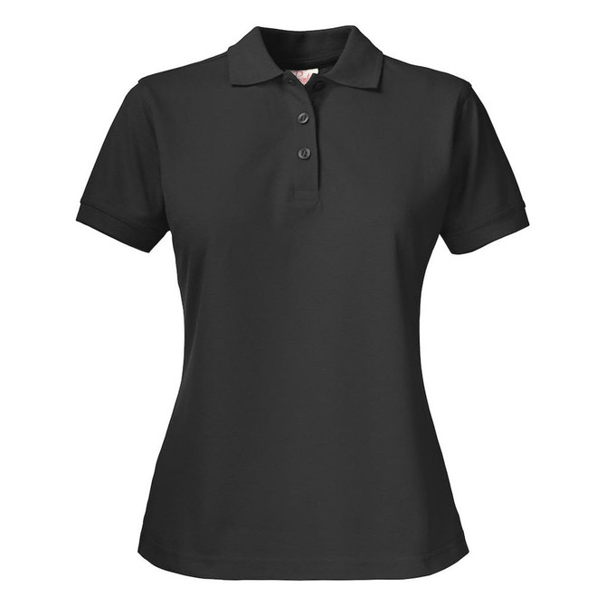 A black women's cotton polo shirt featuring a collar and three buttons, with a logo on the chest.